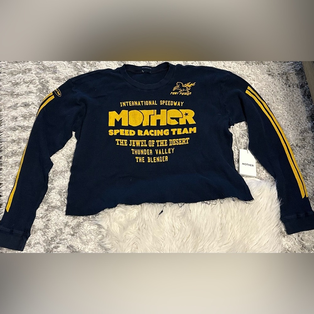MOTHER Navy / Yellow Long Sleeve Racing Thermal Waffle Cropped Tee. RARE! - Picture 2 of 7